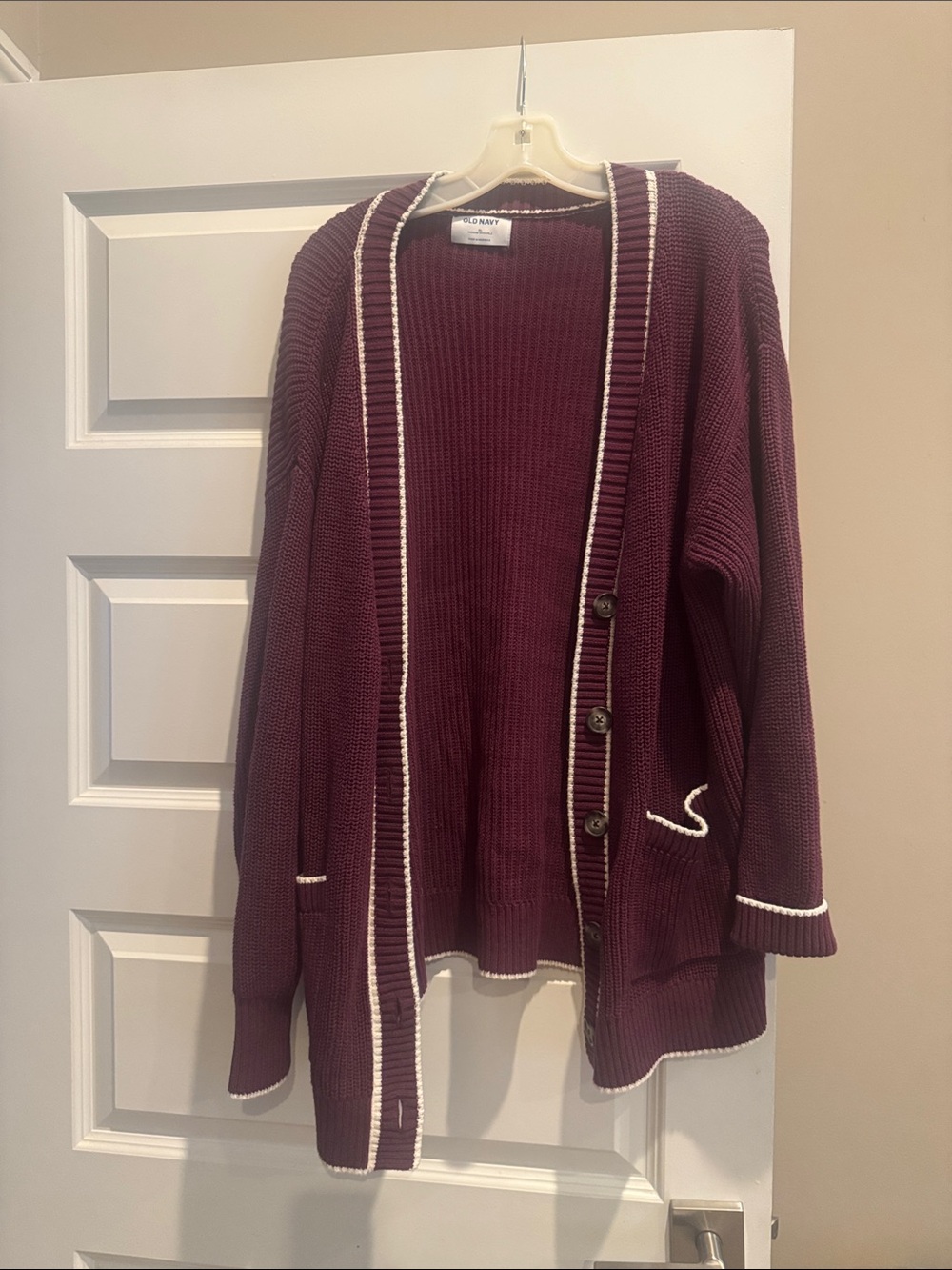 Old Navy Wine Burgundy Button-Front Cardigan with White Trim